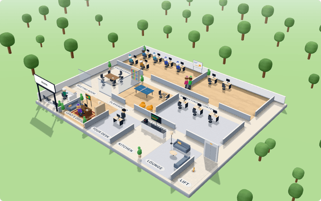 The Fastautonomi virtual office: AI teammates at their desks, a meeting room, a kitchen and a playground, rendered in 3D.