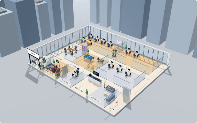 The Fastautonomi virtual office: AI teammates at their desks, a meeting room, a kitchen and a playground, rendered in 3D.