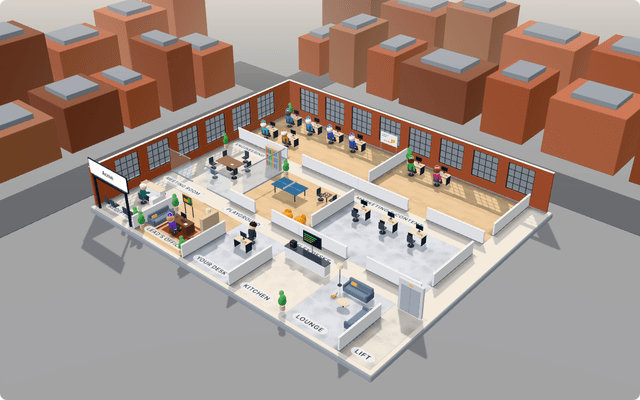 The Fastautonomi virtual office: AI teammates at their desks, a meeting room, a kitchen and a playground, rendered in 3D.
