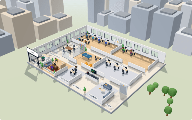 The Fastautonomi virtual office: AI teammates at their desks, a meeting room, a kitchen and a playground, rendered in 3D.